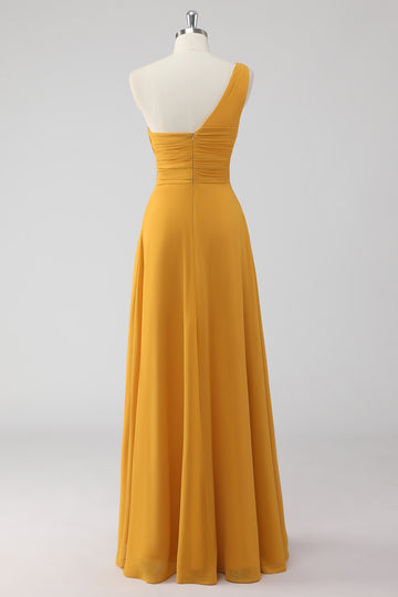 Yellow One Shoulder Ruched Long Bridesmaid Dress with Slit